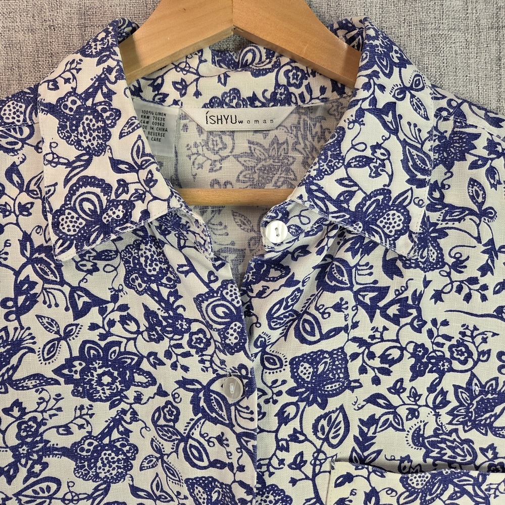 Ishyu Womens White‎ Blue Floral 100% Linen Button-Up Beach LS Shirt Blouse 1X